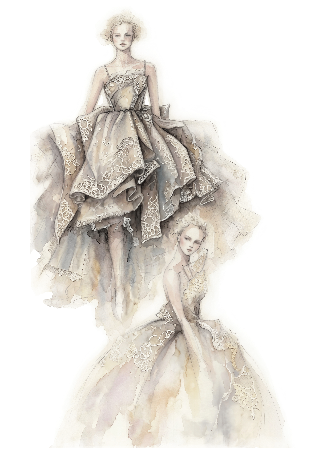 Aquarell-Modeillustration zweier Figuren in Creme- und Nude-Tönen — freya_artstudio